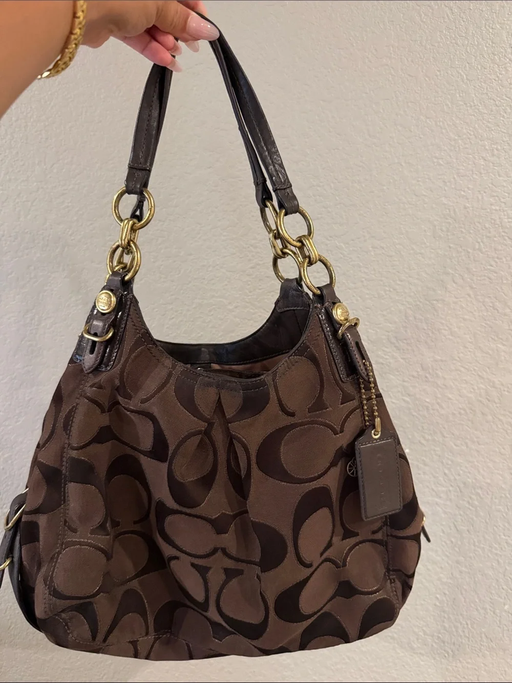 Coach Brown Signature Canvas Shoulder Bag with Gold Hardware
